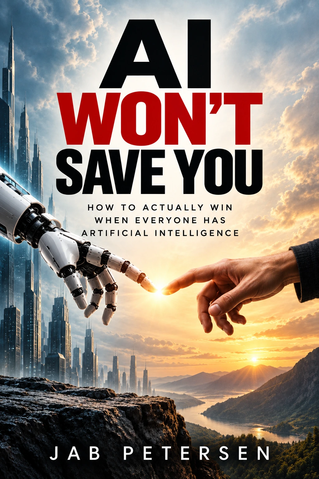 AI Won’t Save You by Jab Petersen. The cover shows a robotic and human hand meeting between a futuristic city and a sunlit mountain landscape.