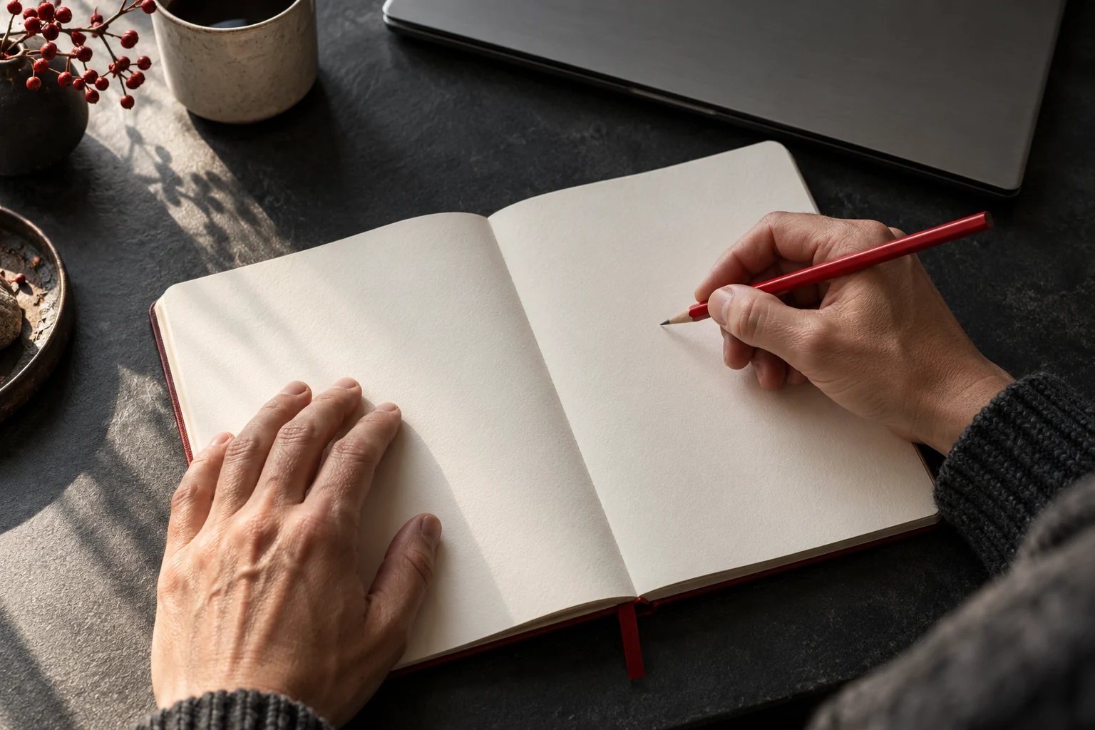 Hands holding a red pencil over a blank notebook beside a closed laptop.